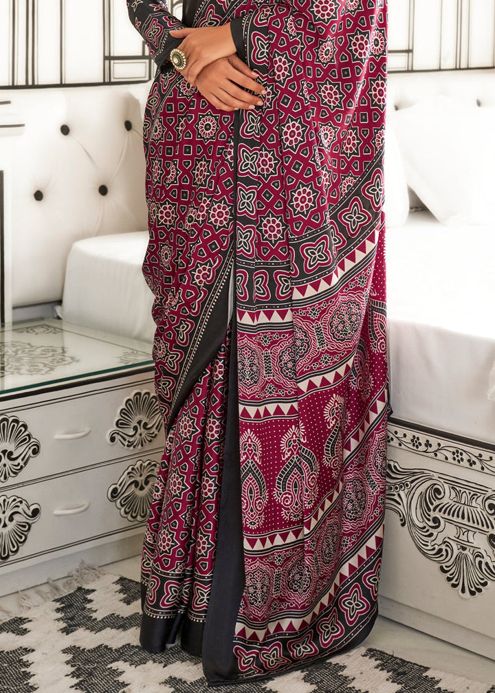 Cerise Pink Ajrakh Printed Satin Crepe Saree