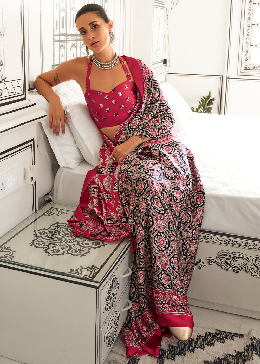 Punch Pink Ajrakh Printed Satin Crepe Saree