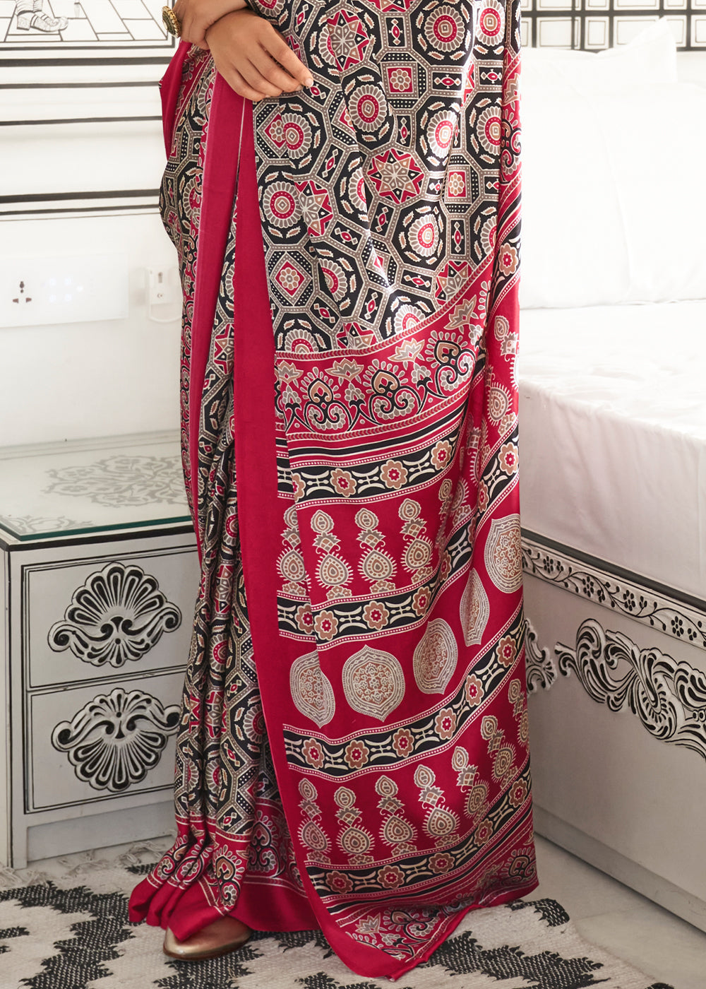 Punch Pink Ajrakh Printed Satin Crepe Saree