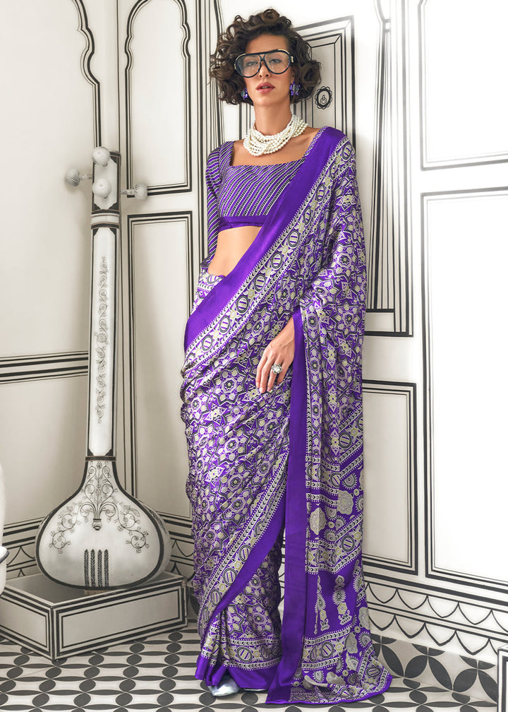 Electric Purple Ajrakh Printed Satin Crepe Saree