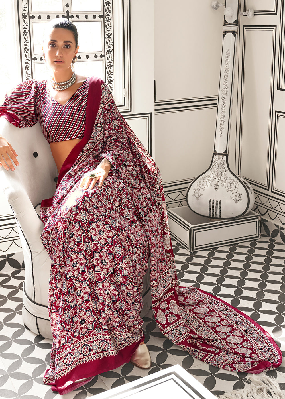 Reddish Brown Ajrakh Printed Satin Crepe Saree