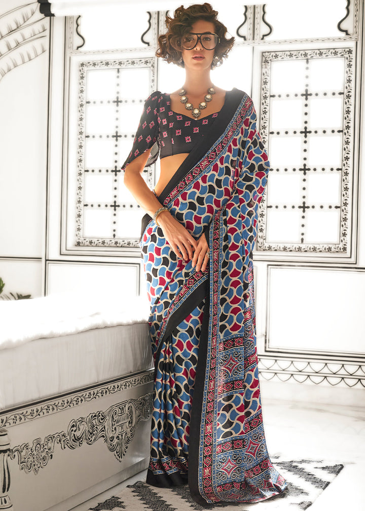 Shades Of Blue Ajrakh Printed Satin Crepe Saree