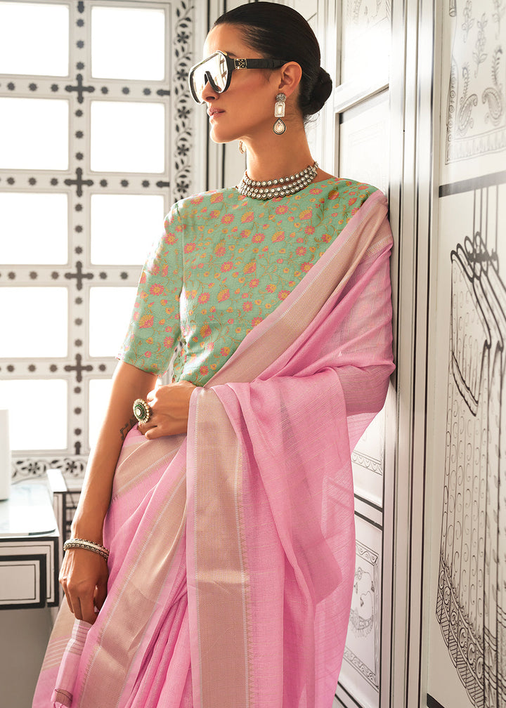 Taffy Pink Chiffon Saree Having Handloom Weaving Border & All Over Zari Lining