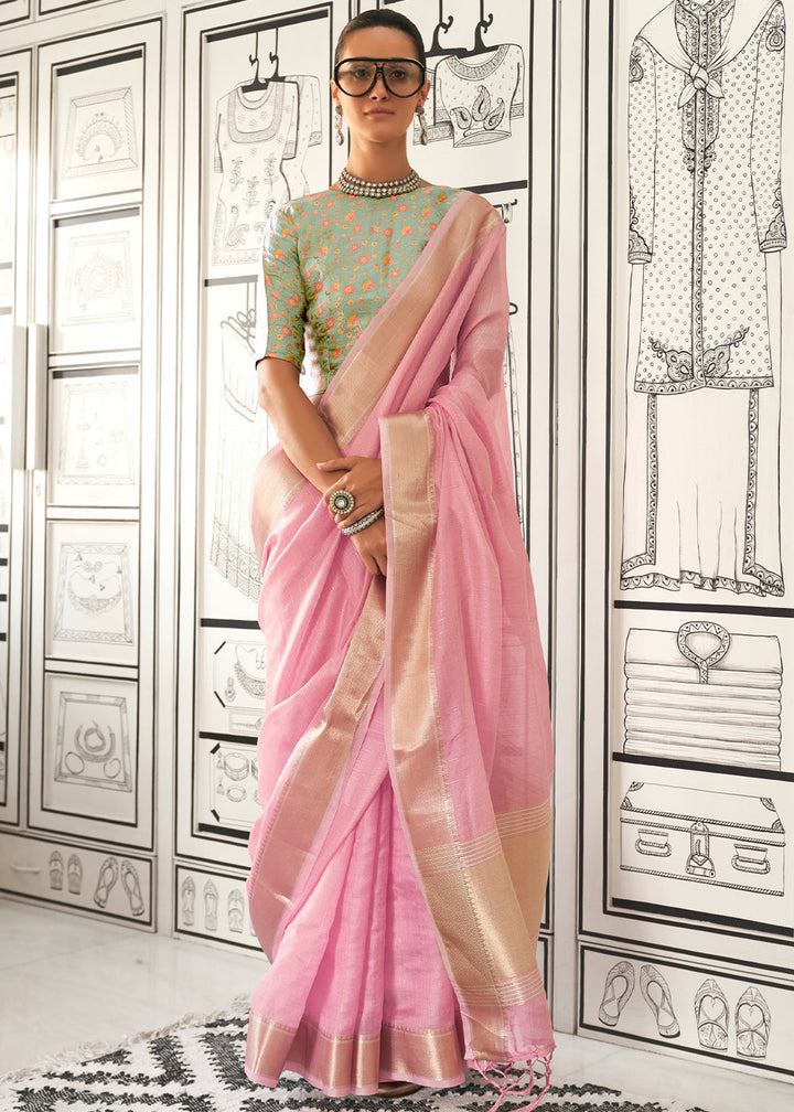 Taffy Pink Chiffon Saree Having Handloom Weaving Border & All Over Zari Lining