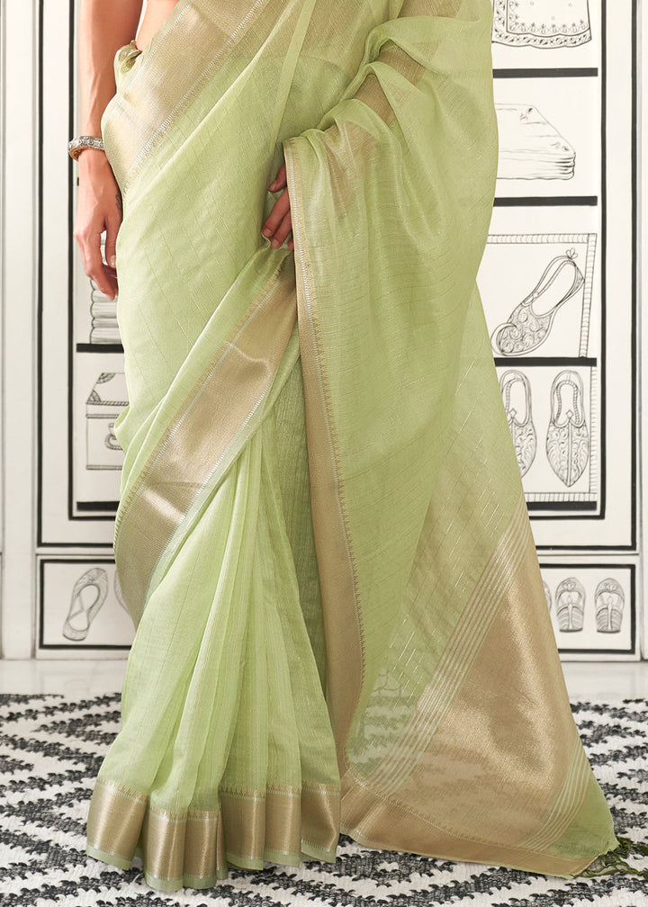 Light Green Chiffon Saree Having Handloom Weaving Border & All Over Zari Lining