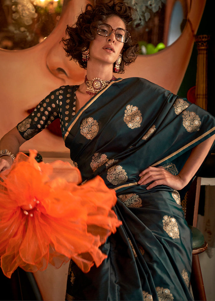 Sacramento Green Zari Woven Satin Silk Saree with Brocade Blouse