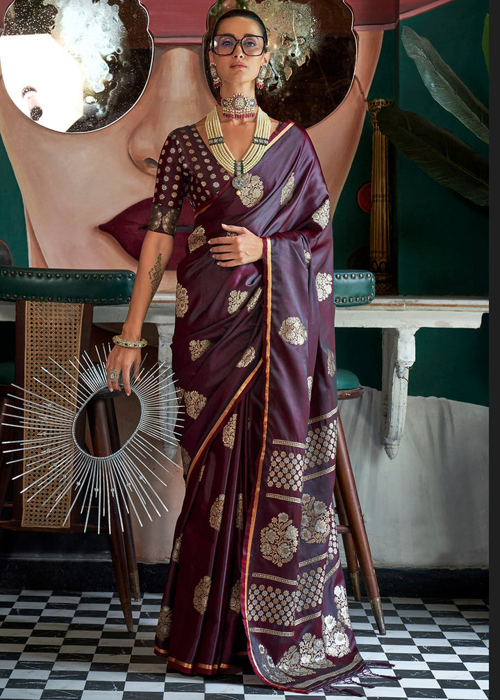 Sangria Purple Zari Woven Satin Silk Saree with Brocade Blouse