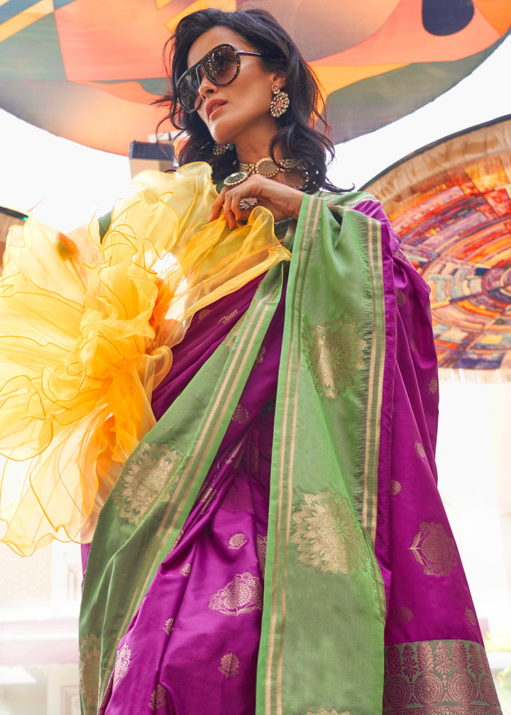 Magenta Pink & Green Handloom Woven katan Silk Saree