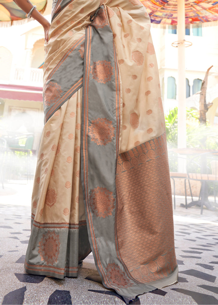 Beige Brown & Grey Handloom Woven katan Silk Saree