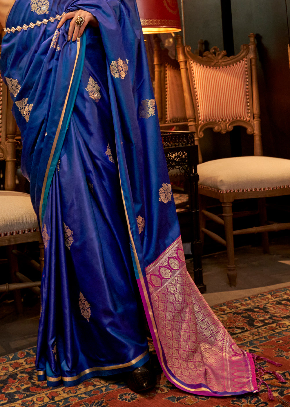 Azure Blue Two Tone Satin Silk Saree with Contrast Pallu & Blouse