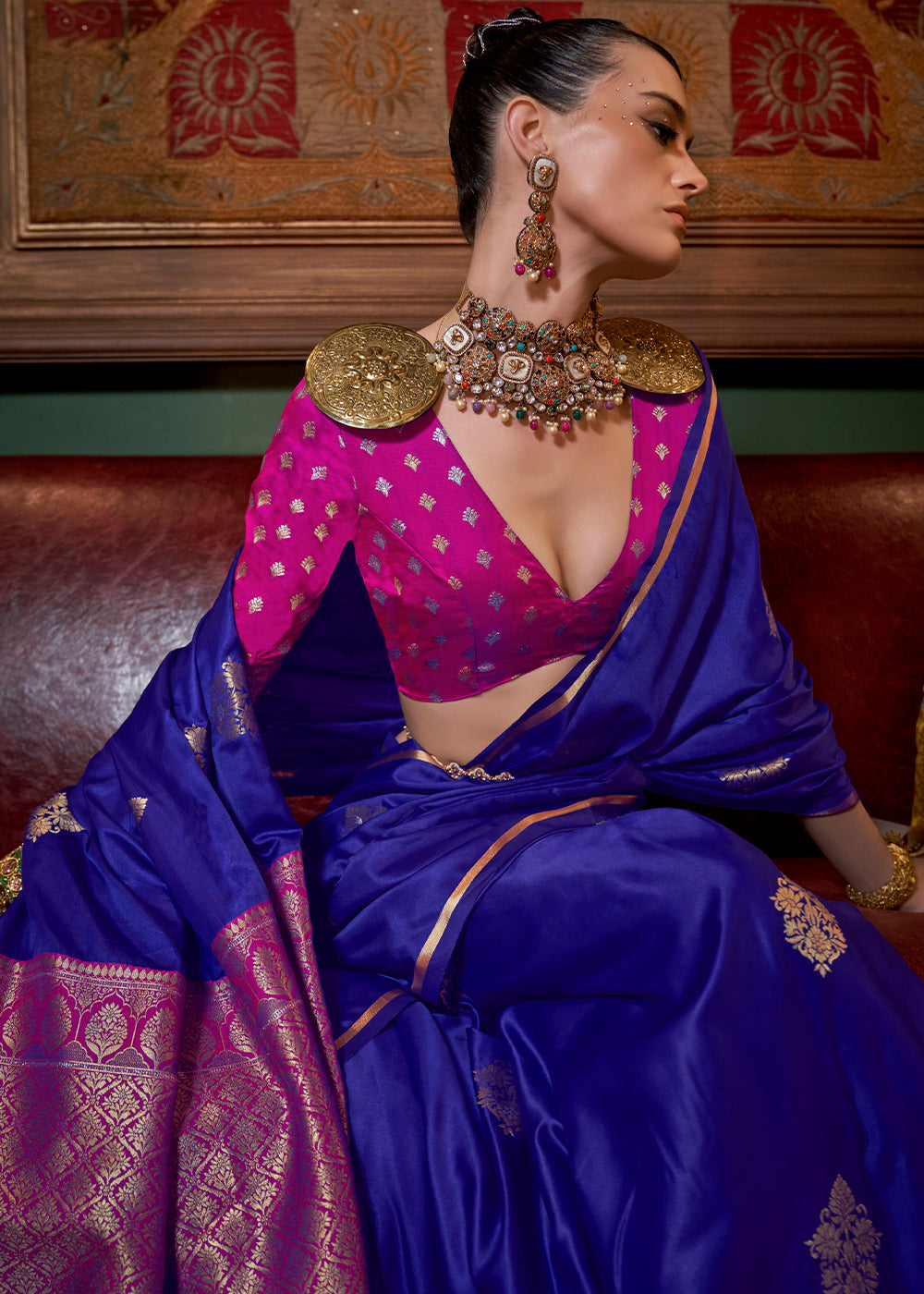 Admiral Blue Two Tone Satin Silk Saree with Contrast Pallu & Blouse