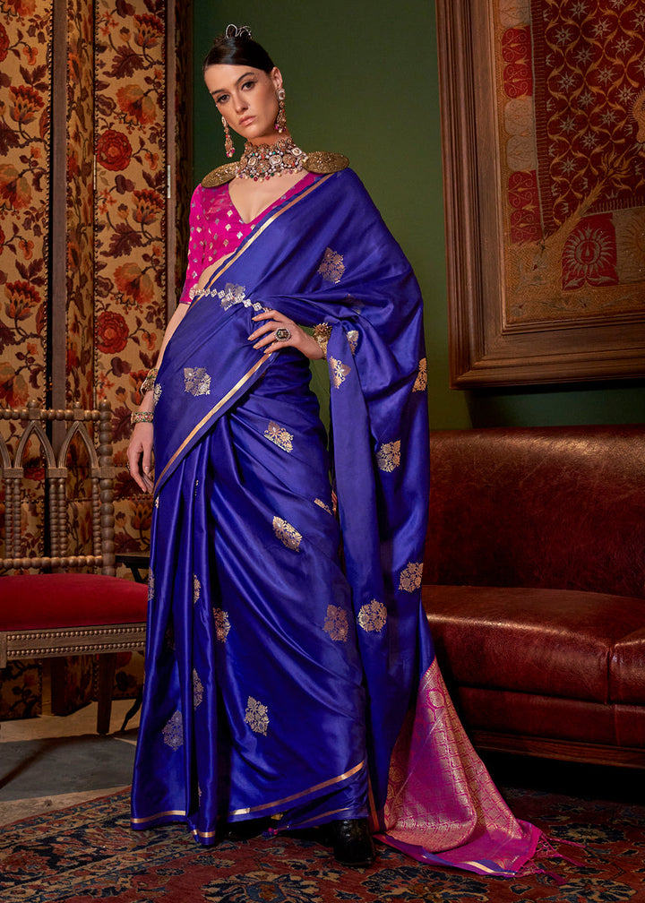 Admiral Blue Two Tone Satin Silk Saree with Contrast Pallu & Blouse