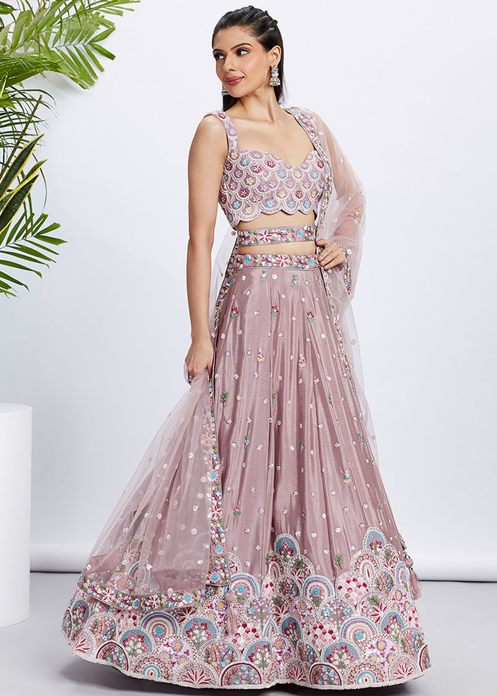 Rose Gold Chiffon Lehenga Choli with Sequins & Thread Embroidery work