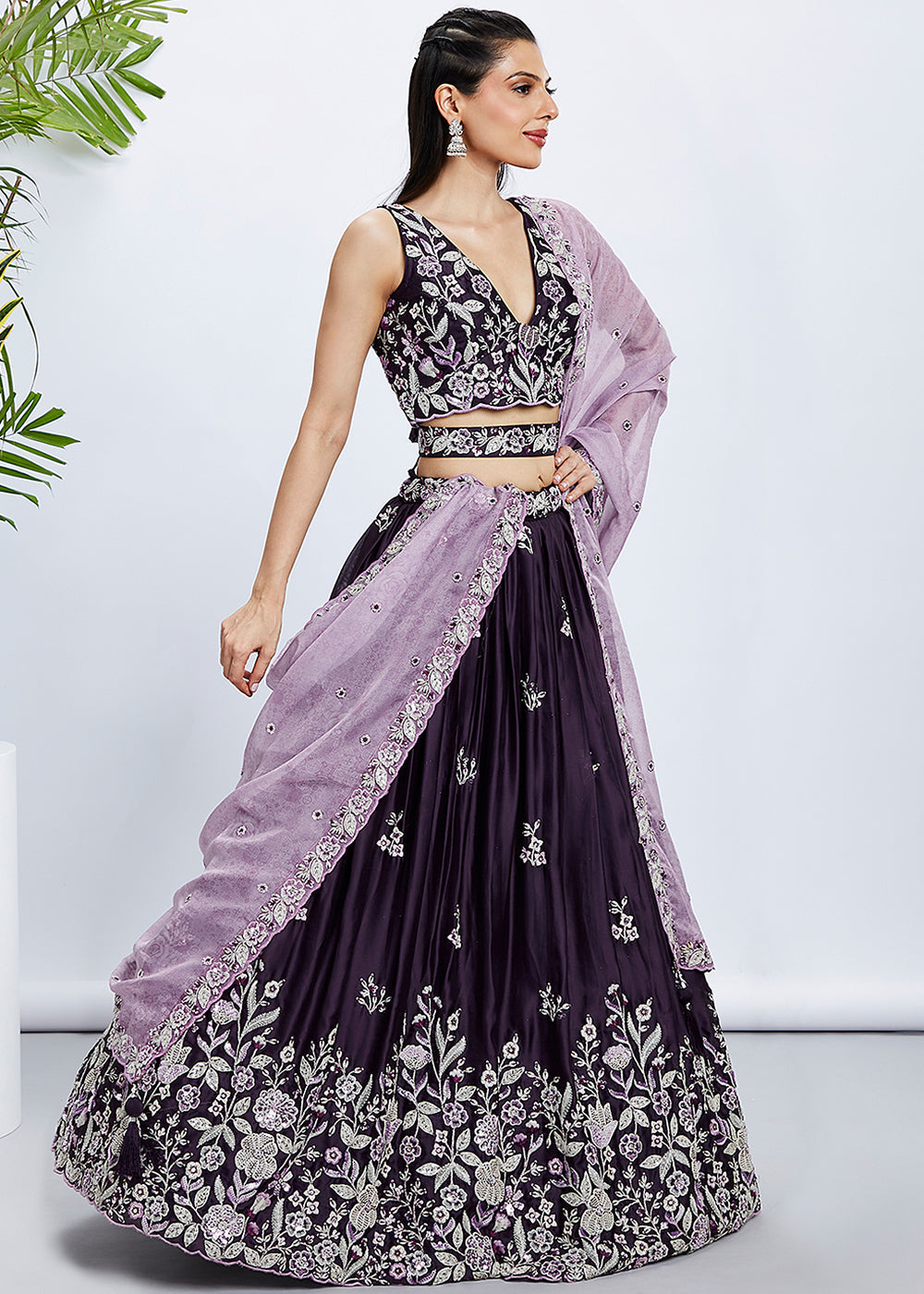 Plum Purple Georgette Lehenga Choli with Sequins & Thread Embroidery work