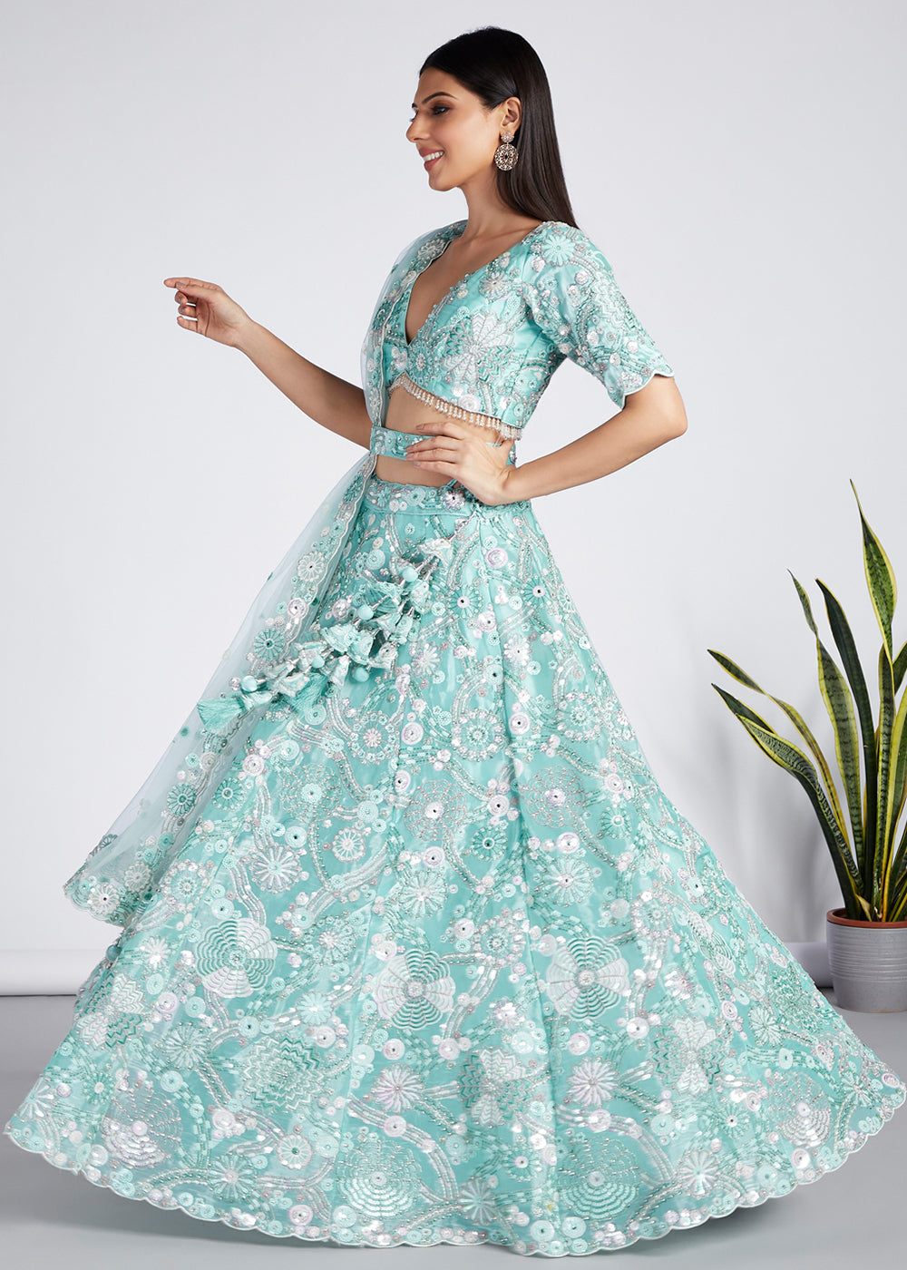 Turquoise Blue Organza Lehenga Choli with Sequins, Zarkan & Thread Embroidery work