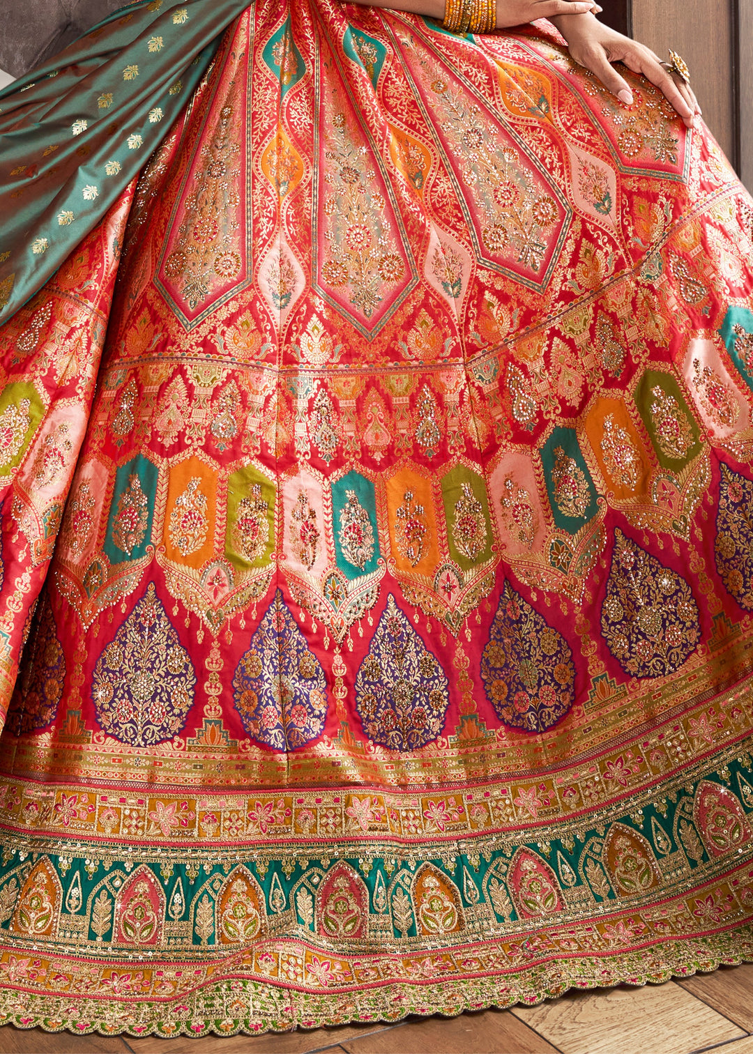 Jade Green & Pink Banarasi Silk Lehenga with Zarkan Codding work