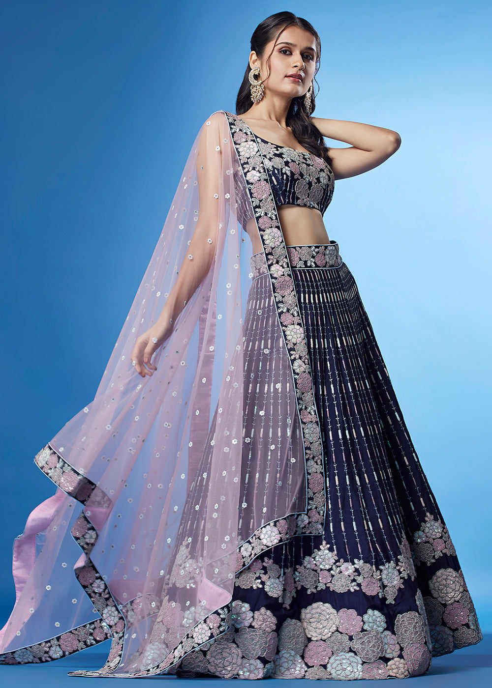 Navy Blue Georgette Multi Sequins Lehenga Choli