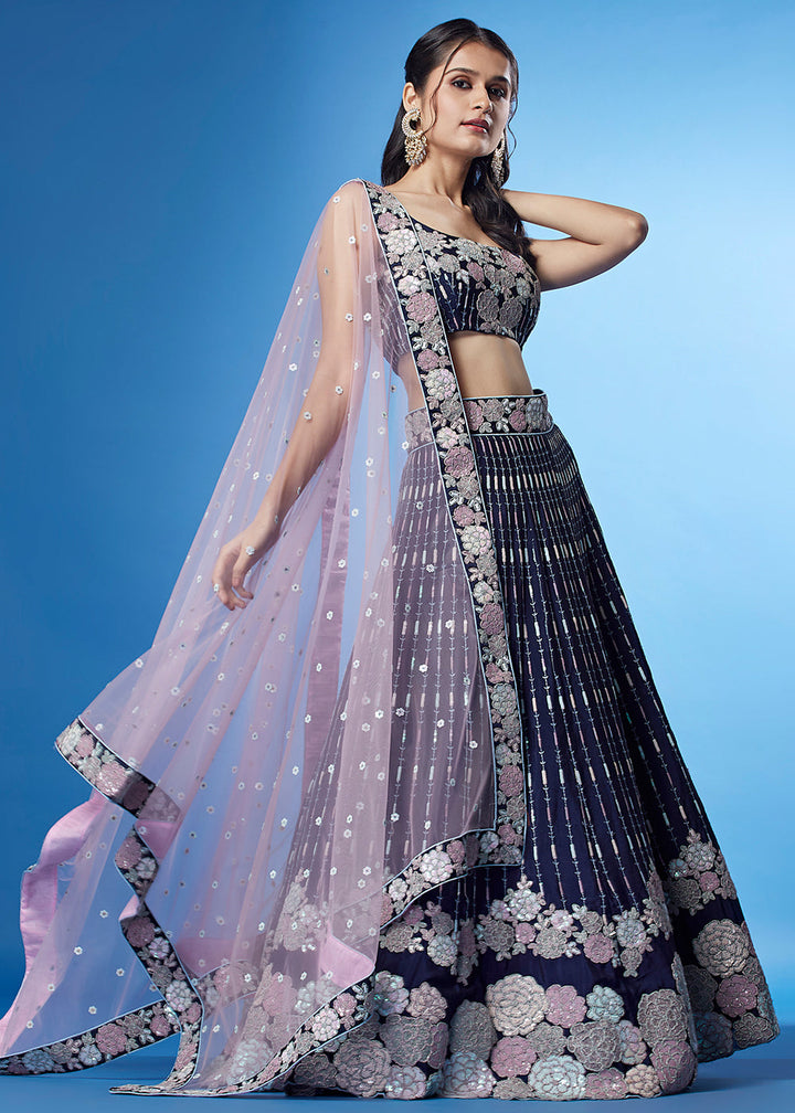 Navy Blue Georgette Multi Sequins Lehenga Choli