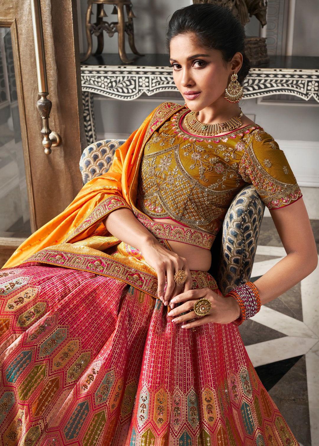 Mustard Yellow & Orange Banarasi Silk Lehenga with Zarkan Codding work