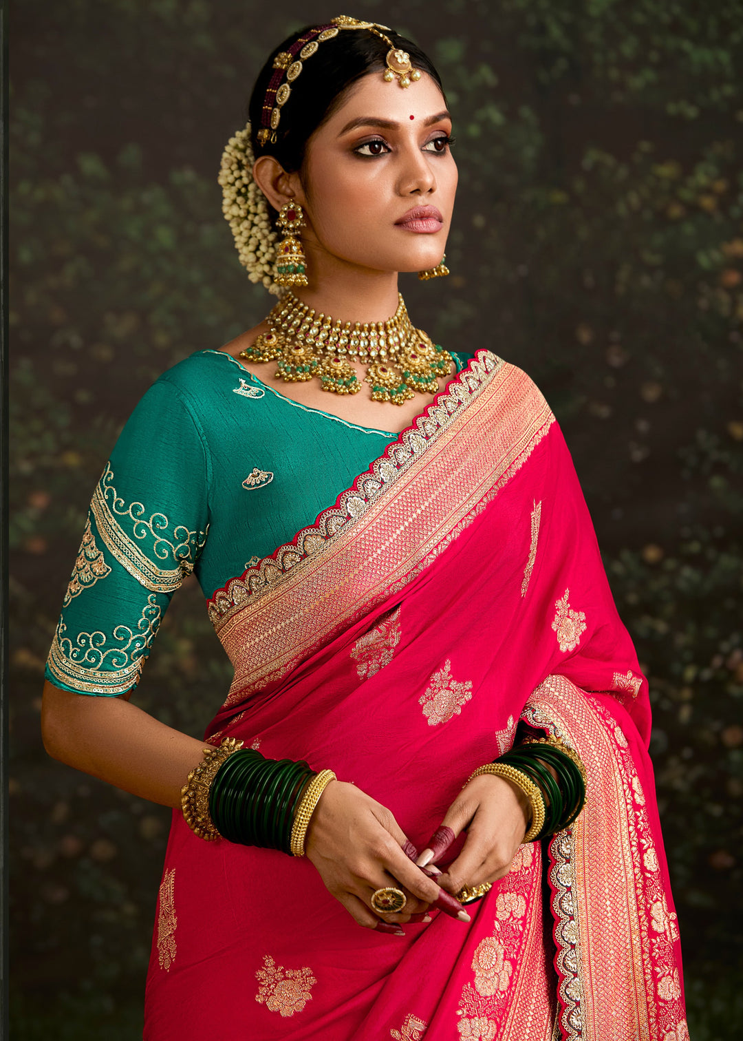 Pink and Teal Viscose silk Saree with zari work