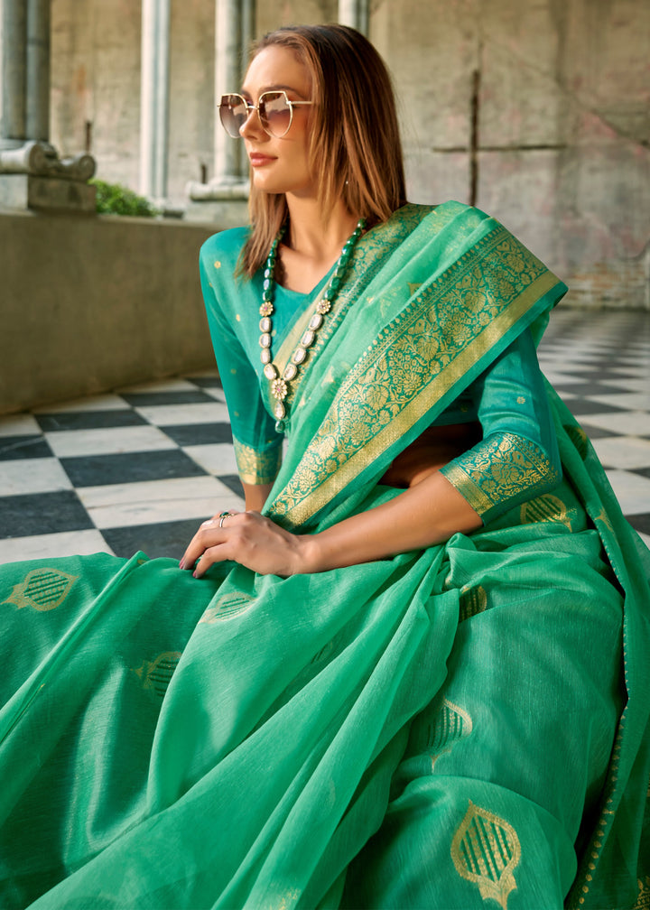 Persian Green Soft Tissue Silk Saree With Contrast Border