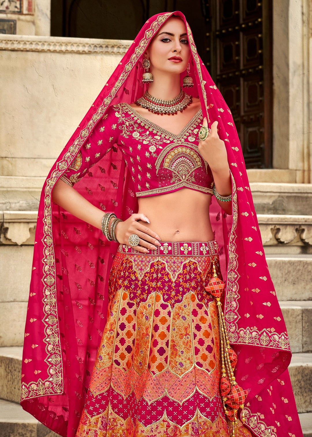 Rani Pink Banarasi Silk Lehenga Choli with Zarkan, Sequence and Thread Work