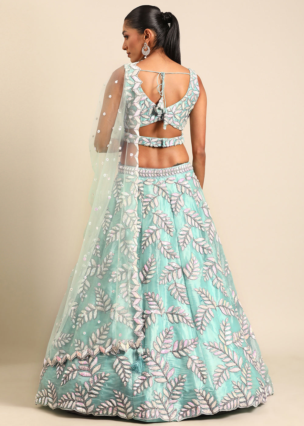 Turquoise Blue Organza Lehenga Choli with Sequins & Zarkan Embroidery work