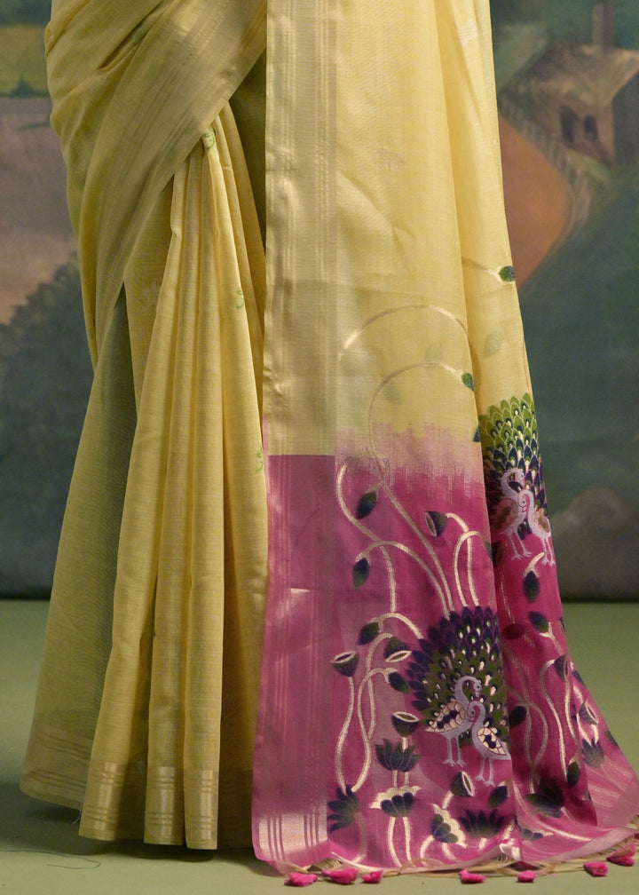 Lemon Yellow Thread Woven Cotton Saree With Contrast Blouse And Pallu