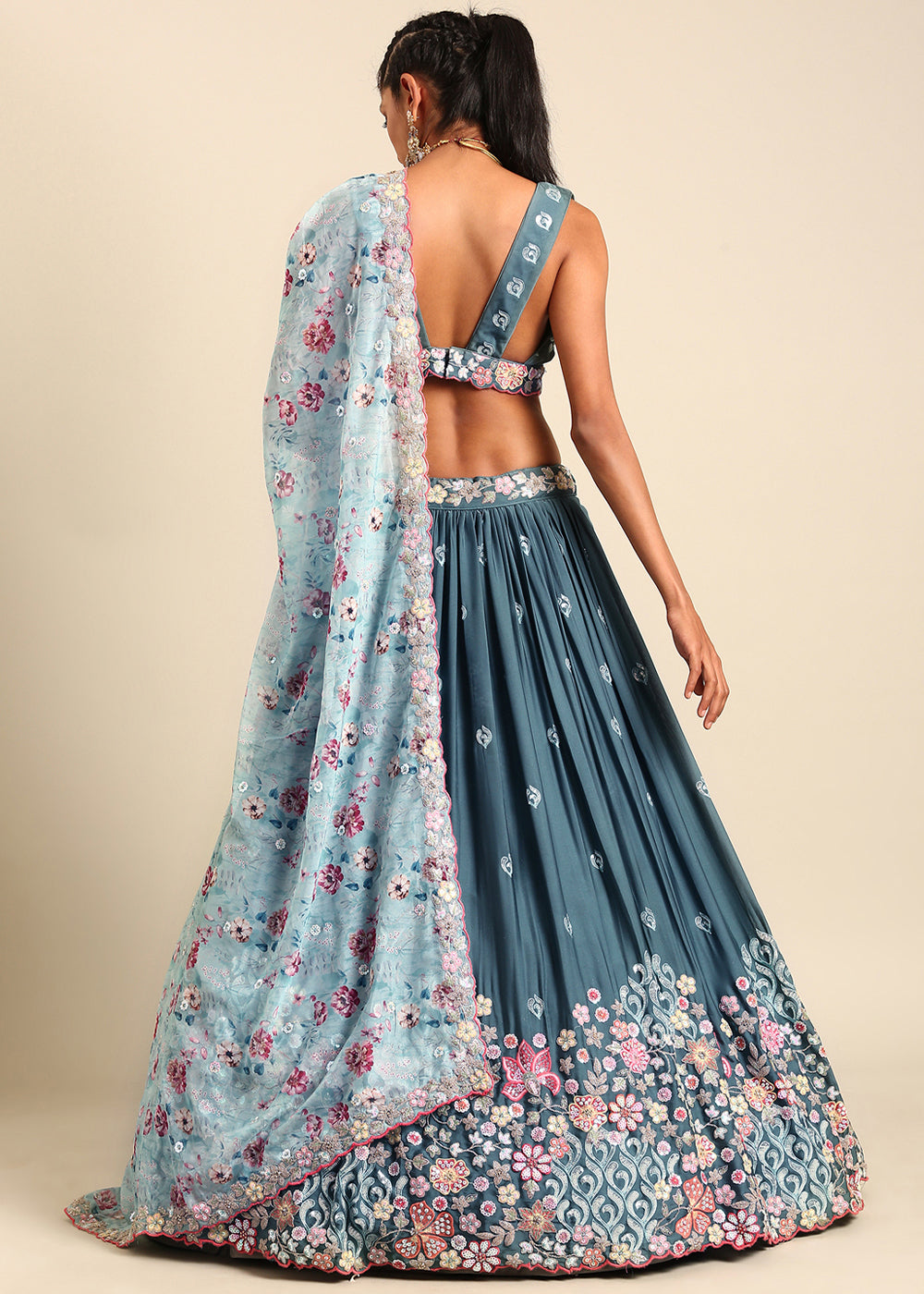 Celadon Blue Georgette Multi Sequins Lehenga Choli