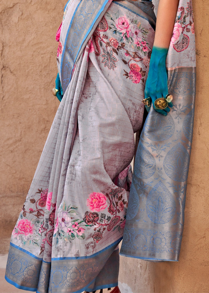 Vivid Blue and Gray Printed Handloom Georgette Saree