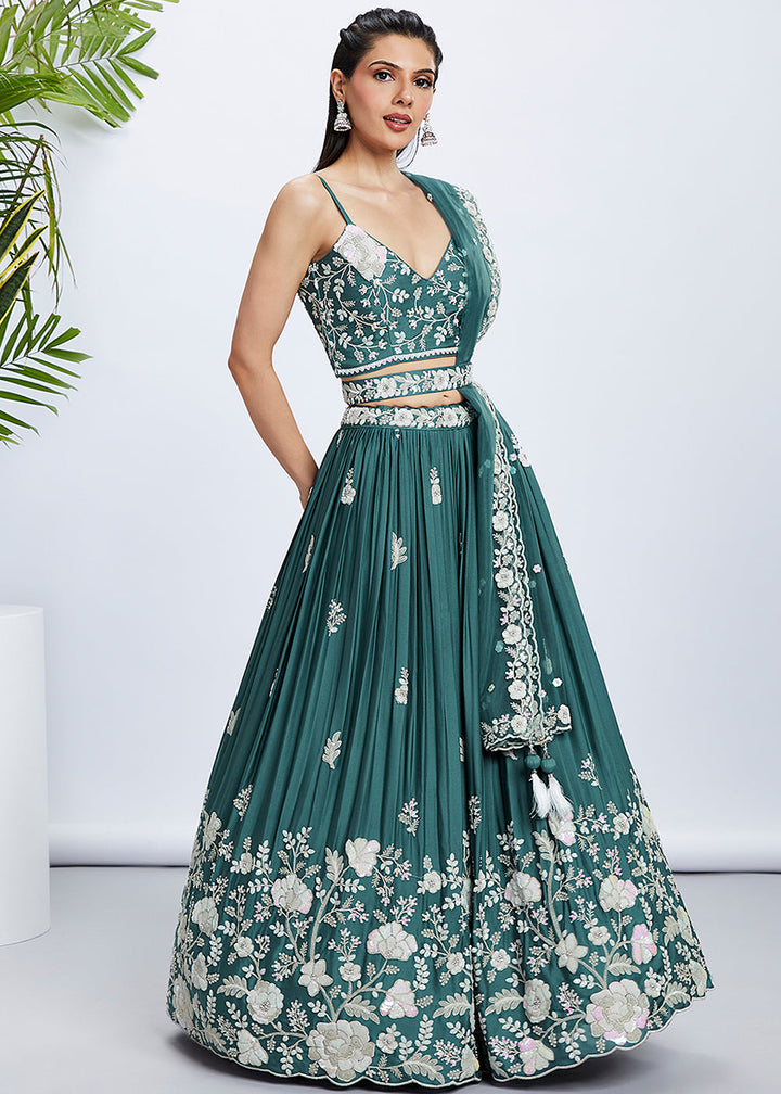 Dark Cyan Blue Georgette Lehenga Choli with Sequins & Thread Embroidery work