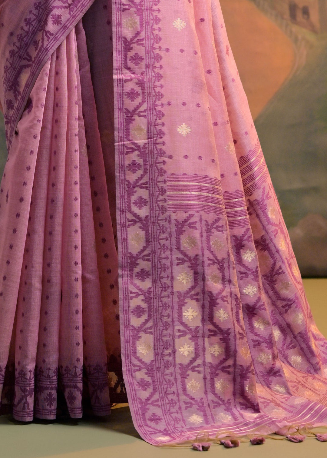 Blush Pink Thread Woven Cotton Saree With All Over Butti