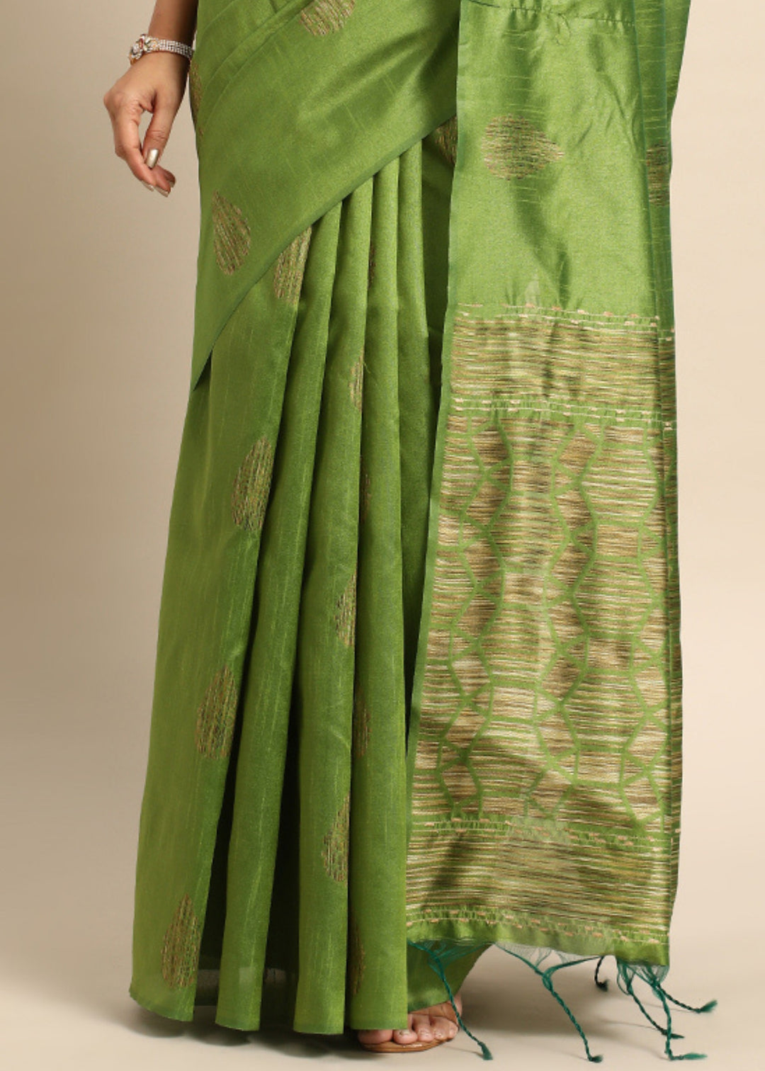 Waitrose Green Woven Handloom Raw Silk Saree