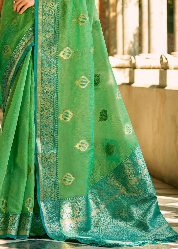 Dark Pastel Green Soft Tissue Silk Saree With Contrast Border