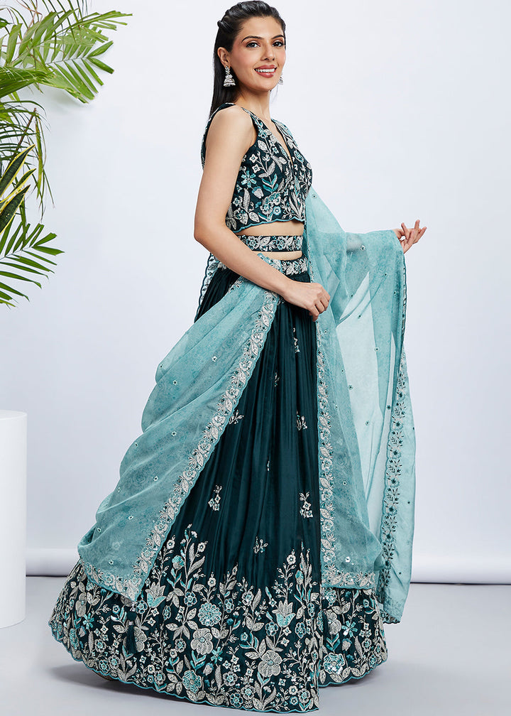 Dark Teal Green Georgette Lehenga Choli with Sequins & Thread Embroidery work