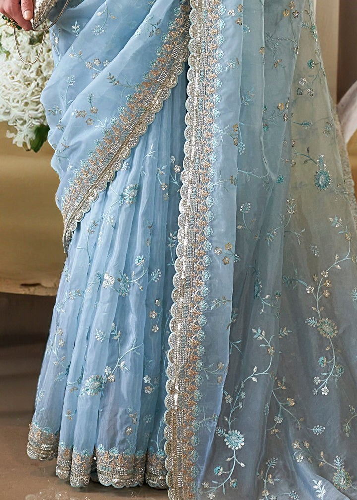 Sky Blue Fancy Tissue Saree With Unique Work And Designer Blouse