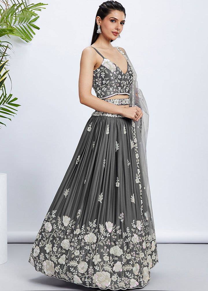 Dim Grey Georgette Lehenga Choli with Sequins & Thread Embroidery work