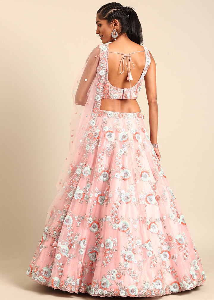 Shades Of Pink Net Lehenga Choli with Sequins & Zarkan Embroidery work