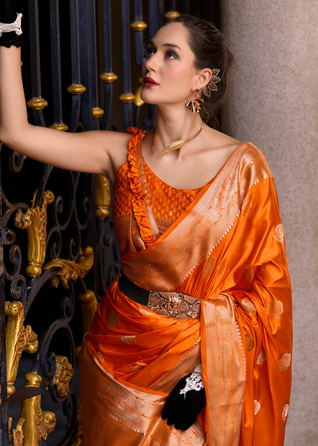 Neon Orange Satin Mungha Silk Saree