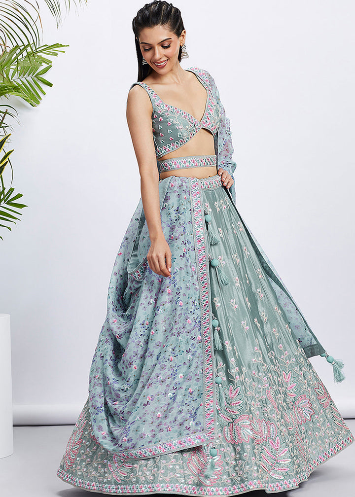 Eucalyptus Green Chiffon Lehenga Choli with Sequins & Thread Embroidery work