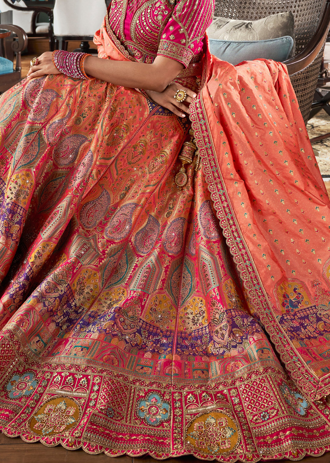 Coral Pink Banarasi Silk Lehenga with Zarkan Codding work