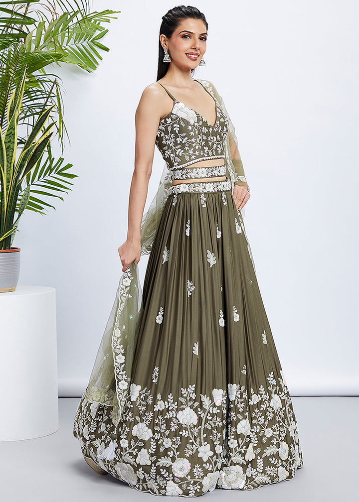 Olive Green Georgette Lehenga Choli with Sequins & Thread Embroidery work