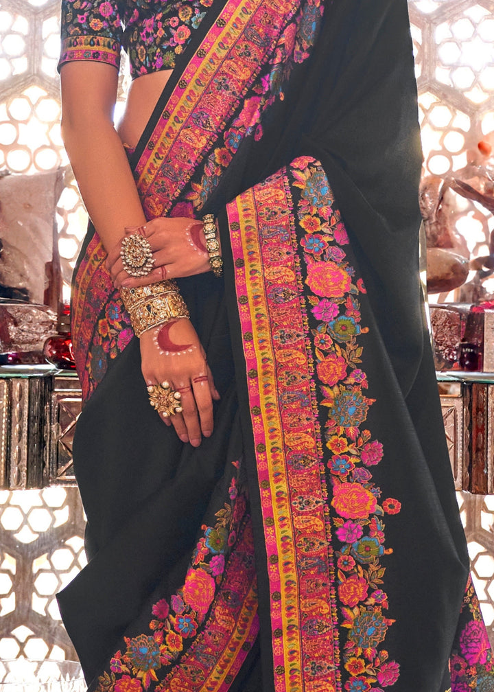 Coal Black Silk Saree With Luxury Print And Glory Finish