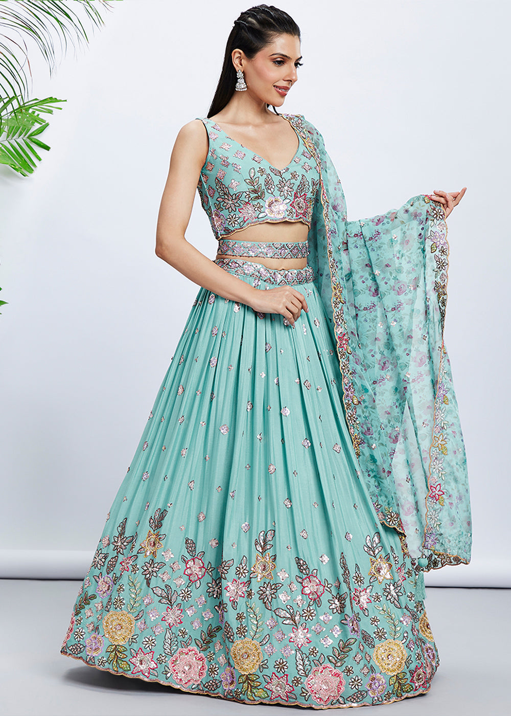 Turquoise Blue Chiffon Lehenga Choli with Sequins & Thread Embroidery work