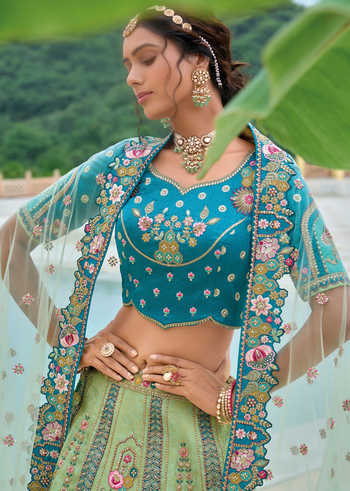 Cerulean Blue and Green Viscose Tissue Lehenga Choli with Embroidery Work