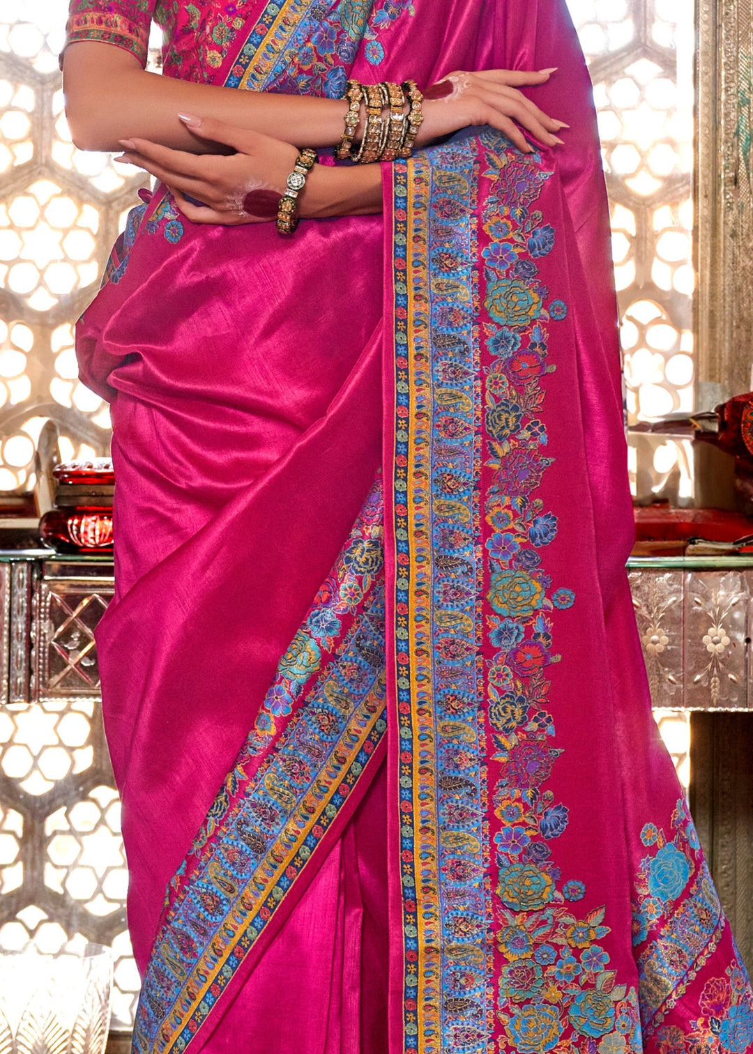 Fuchsia Pink Silk Saree With Luxury Print And Glory Finish