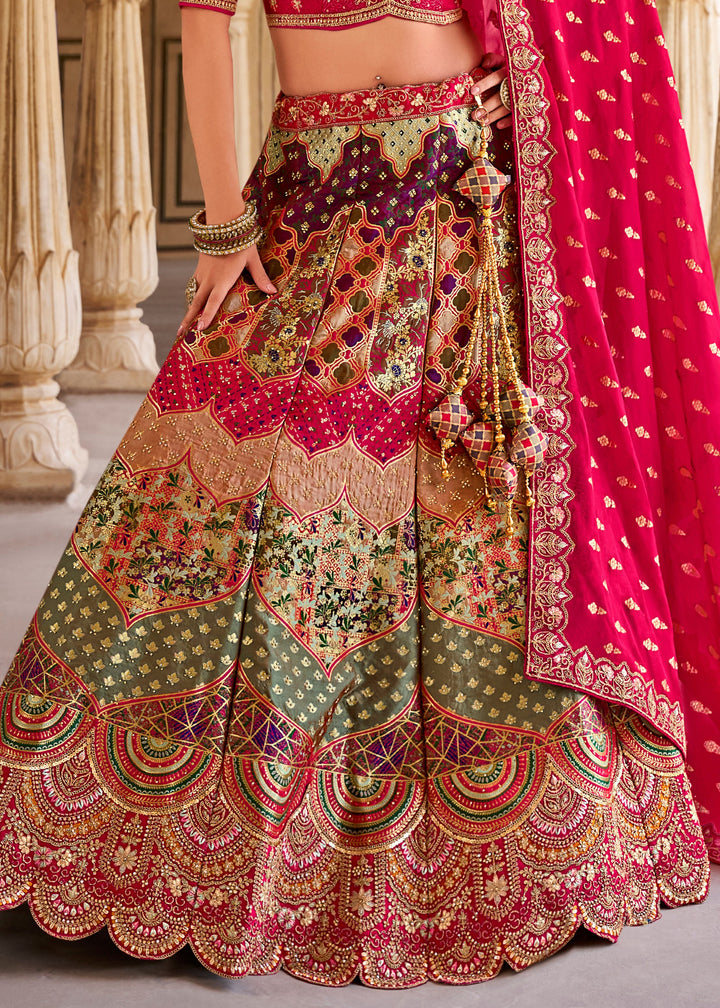 Green & Pink Banarasi Silk Lehenga Choli with Zarkan, Sequence and Thread Work