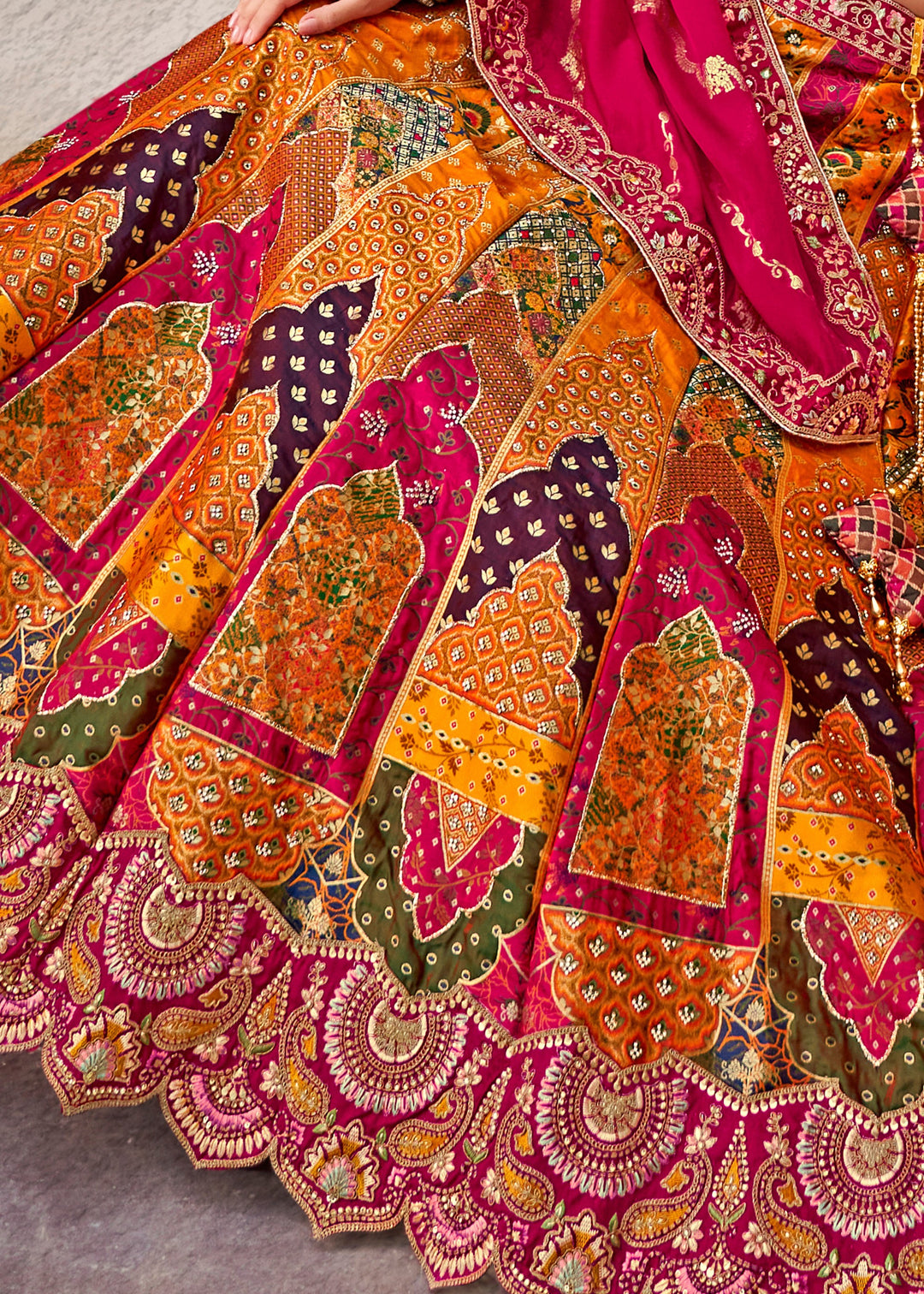 Tangerine Orange & Pink Banarasi Silk Lehenga Choli with Zarkan, Sequence and Thread Work