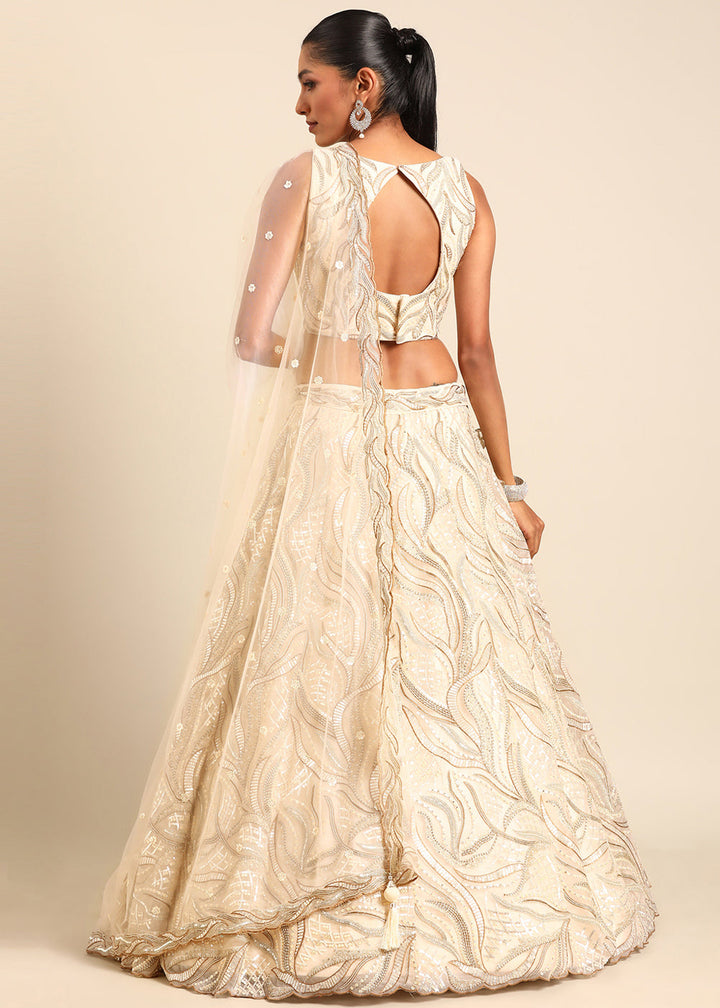 Cream White Net Lehenga Choli with Sequins & Zarkan Embroidery work