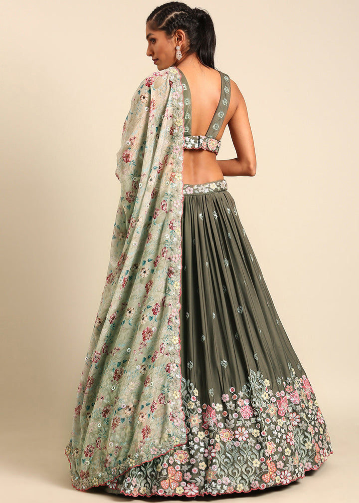 Olive Green Georgette Multi Sequins Lehenga Choli